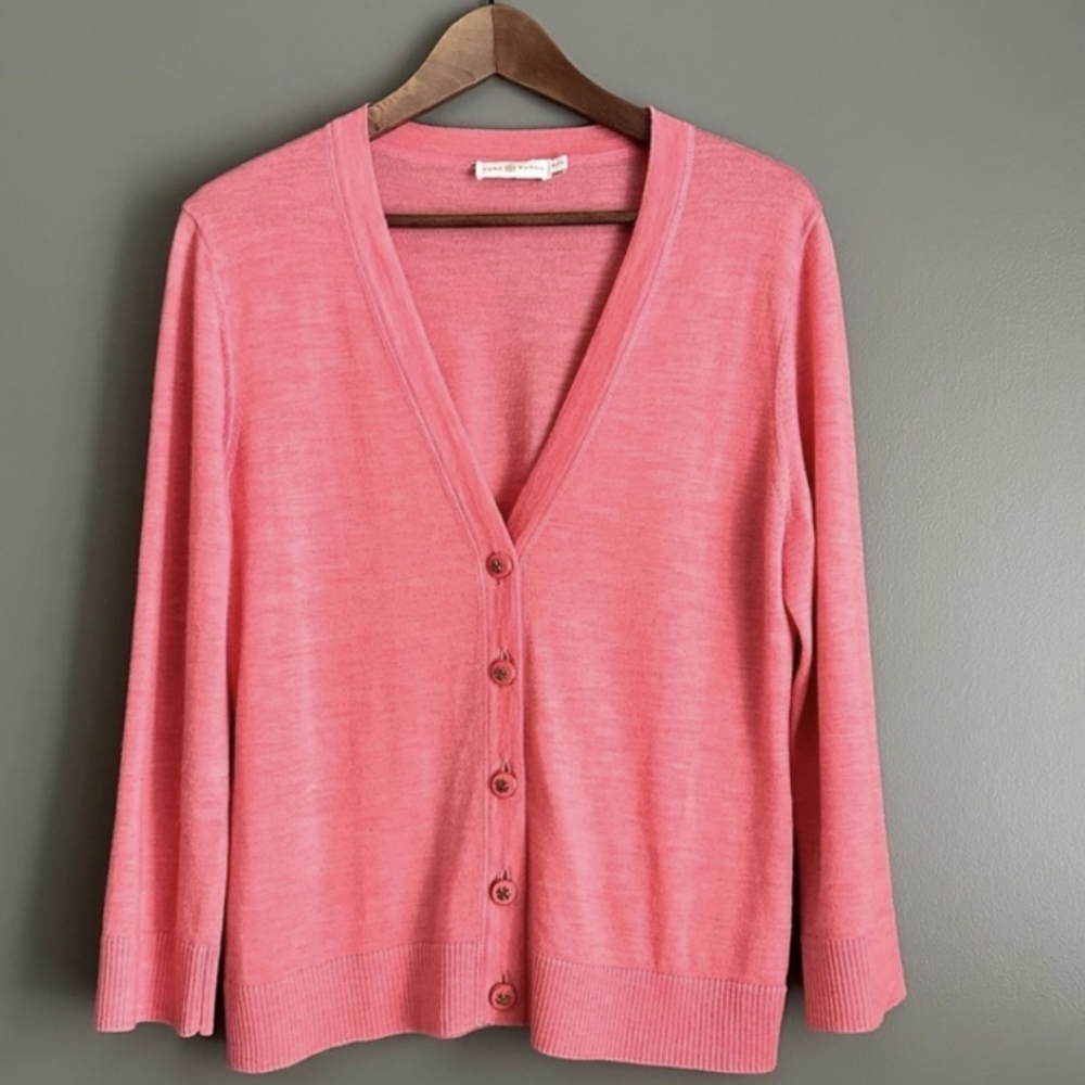 Tory Burch Lightweight Merino Wool  Cardigan, Bright Coral Pink, Size XL